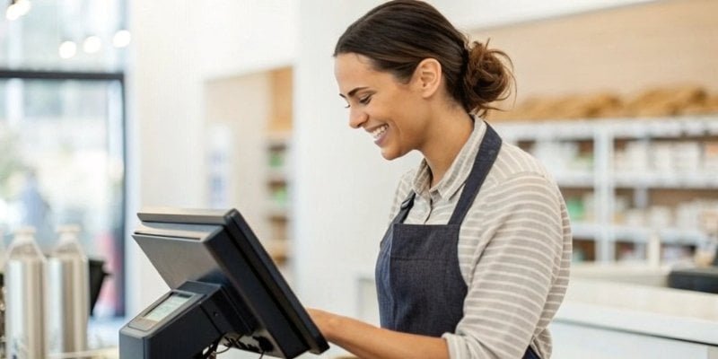A cashier smiling while effortlessly using a touchscreen POS system.