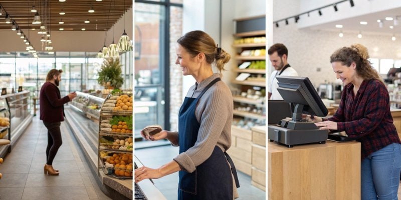 Diverse Retail Stores Using POS A collage of different retail environments like a cafe, boutique, and grocery store, all showing POS terminals in use