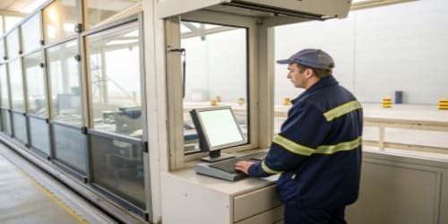 Scale House Operator at Work An operator inside a scale house managing a weighing transaction on a computer.