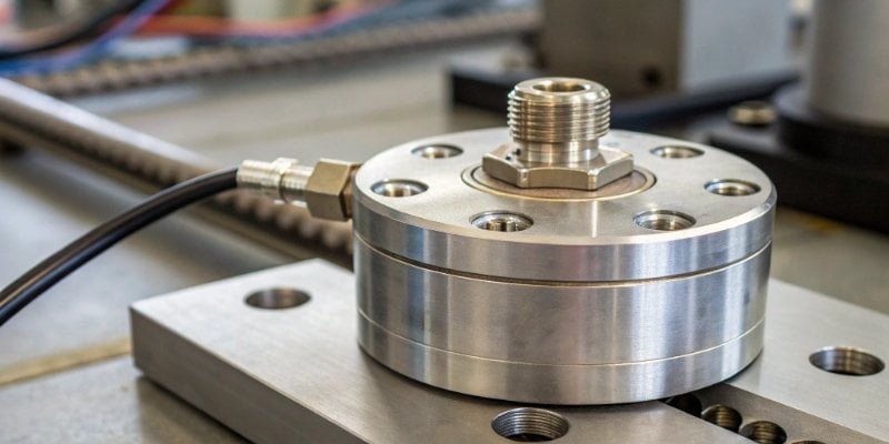 Industrial Load Cell System A close-up image of a high-precision industrial load cell.
