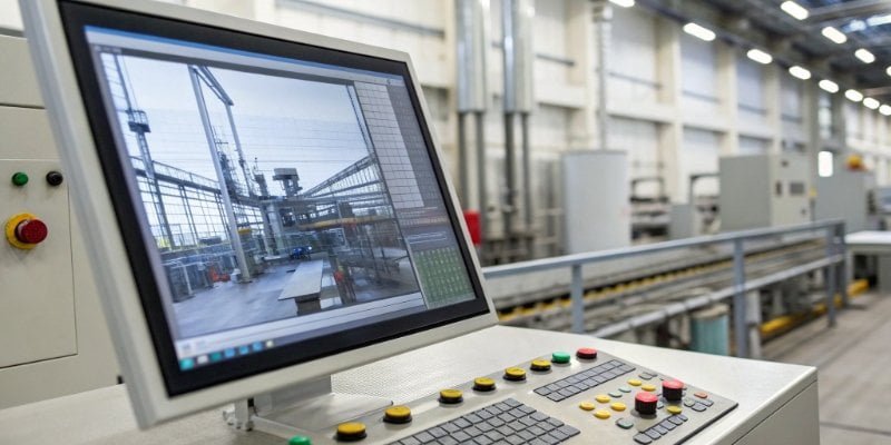A control panel with a PC monitor displaying a factory automation process with scales integrated.