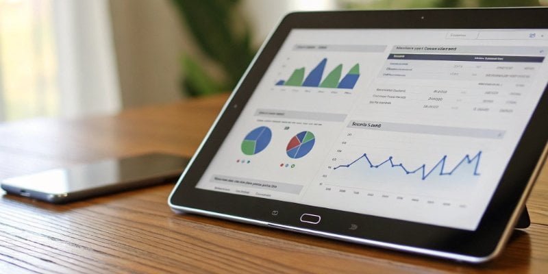 POS Analytics Dashboard A dashboard on a tablet showing sales analytics, graphs, and inventory reports