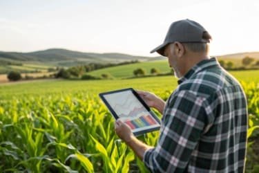 A farmer in a field holding a tablet displaying colorful charts and graphs of crop data.