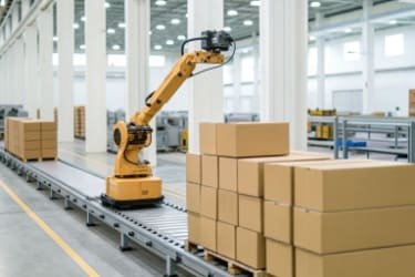 A robotic arm sorting packages in a warehouse