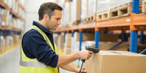 Worker Scanning Barcode A warehouse worker scanning a barcode on a box with a handheld scanner
