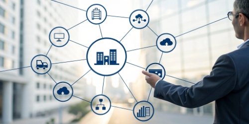 Infographic showing ERP at the center connecting to CRM, WMS, MES, and SCM systems