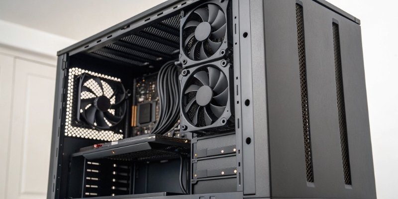 A powerful PC workstation with visible GPU and fans