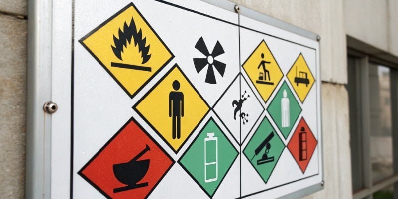 A safety sign indicating a hazardous and explosive atmosphere area