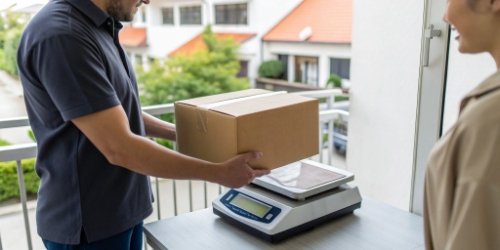 A courier using a portable smart scale to weigh a package at a client's location