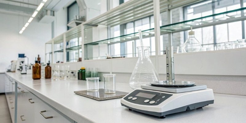 A high-precision electronic laboratory balance in a clean, modern chemistry lab.