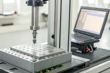 A close-up of a quality control station where a product is being weighed on a high-precision scale integrated with a computer screen showing quality parameters.