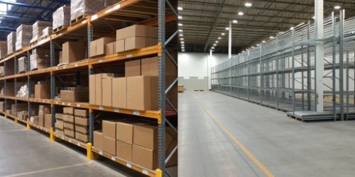 An image showing one side of a warehouse overflowing with boxes (overstock) and the other side with empty shelves (stockout).
