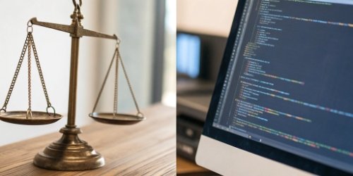 A split-screen image showing a physical weighing scale on one side and lines of code on the other.