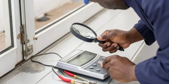 A person inspecting a digital scale with a magnifying glass, focusing on a security seal.