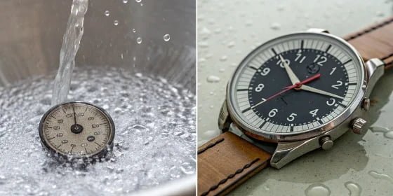 Water-resistant vs waterproof protection levels A side-by-side comparison showing a water-resistant watch and a waterproof industrial scale indicator.