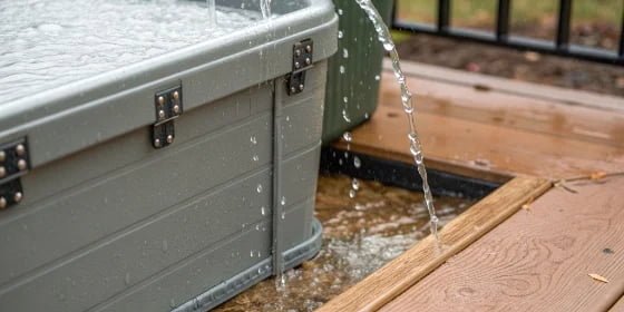 An illustration showing water seeping through the seams of a poorly designed enclosure