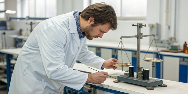 Weighing Scale Quality Control A quality control inspector testing an industrial scale in a lab environment