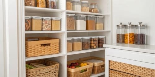 FIFO Food Storage A well-organized pantry with food items clearly labeled with dates for FIFO