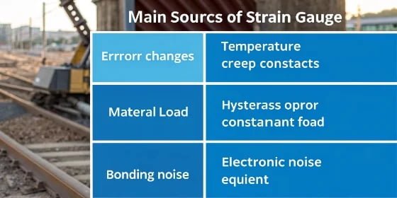 Sources of Strain Gauge Error An infographic showing sources of error in a strain gauge like temperature and creep