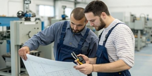 A software engineer and a hardware engineer collaborating over a device blueprint in a workshop.
