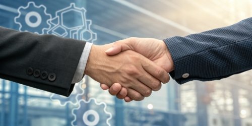 Two hands shaking, one representing a software company and the other an industrial manufacturer, forming a bridge.