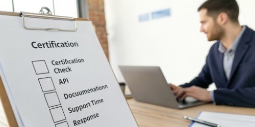 A checklist with items like "Certification Check", "API Documentation", and "Support Response Time" being ticked off
