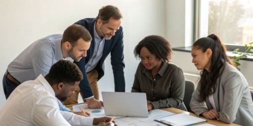 Cross-Functional Team for Solution Assembly A diverse team of professionals in a meeting room, collaborating around a table