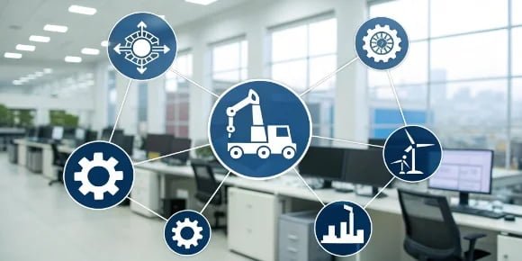 Industry-Specific Software Tailoring alt text="Icons representing different industries like logistics, food, and chemical, connected to a central software hub"