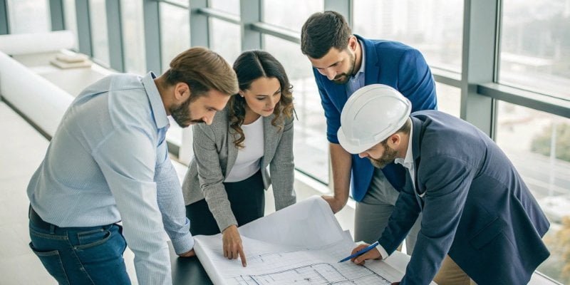 A team of engineers collaborating around a blueprint of a weighing scale
