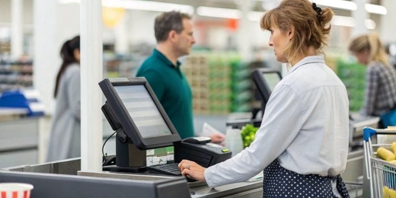 Cash Register in Action A cashier scanning a product at a POS system