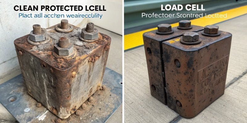 Load Cell Protection A split view showing a clean, protected load cell next to a corroded, damaged one.