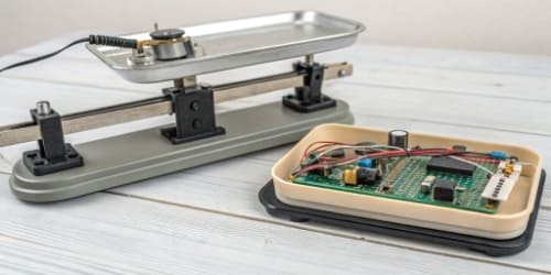 A diagram illustrating the internal components of an electronic weighing machine, showing the load cell, strain gauge, and digital converter.
