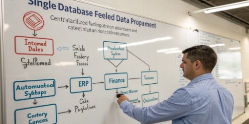 Flowchart showing data from a single database feeding into Sales, Finance, and Production departments