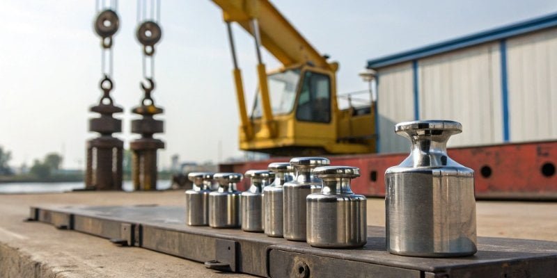Calibrating a Crane Scale A set of certified calibration test weights next to a crane scale