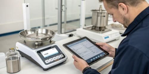 Software Scale Calibration A technician using a tablet to calibrate an industrial scale with certified weights on it