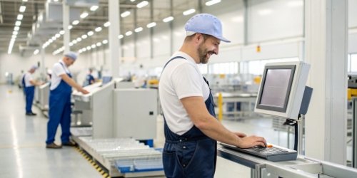 A happy client using an integrated weighing scale and software system on a factory floor.