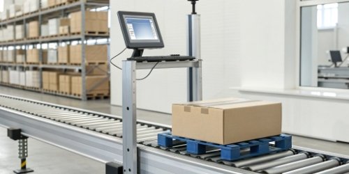 A modern industrial scale connected to a computer running ERP software, showing data being transferred automatically.