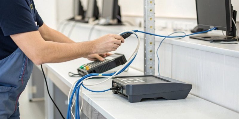 A technician connecting a scale to a POS terminal with a data cable
