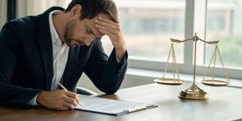 A purchasing manager looking worriedly at a contract, with a separate, disconnected weighing scale on the desk.