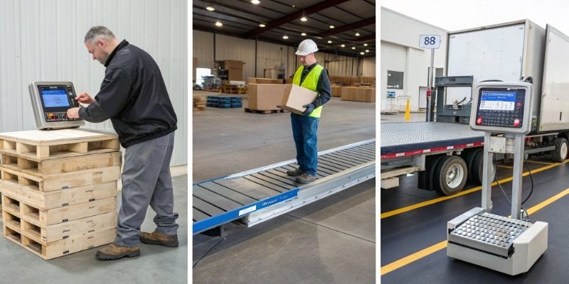 Various Uses of Industrial Scales A split-screen image showing four different industrial uses: a pallet on a floor scale, a conveyor with a checkweigher, a worker using a batching scale, and a truck on a weighbridge.
