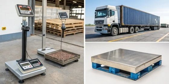A collage of different industrial scales: a bench scale, a floor scale, a counting scale, and a truck scale.
