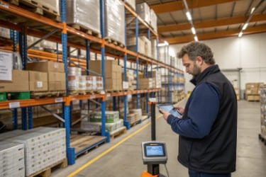 A warehouse with shelves of inventory, where a worker is using a mobile device connected to a smart scale to update inventory levels.