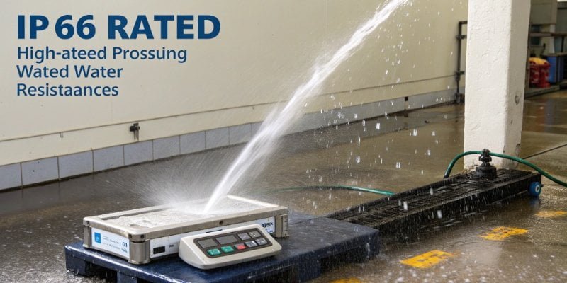 A powerful water jet spraying an IP66 rated industrial scale.
