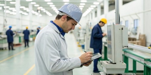 A quality control inspector examining an industrial scale in a factory setting.