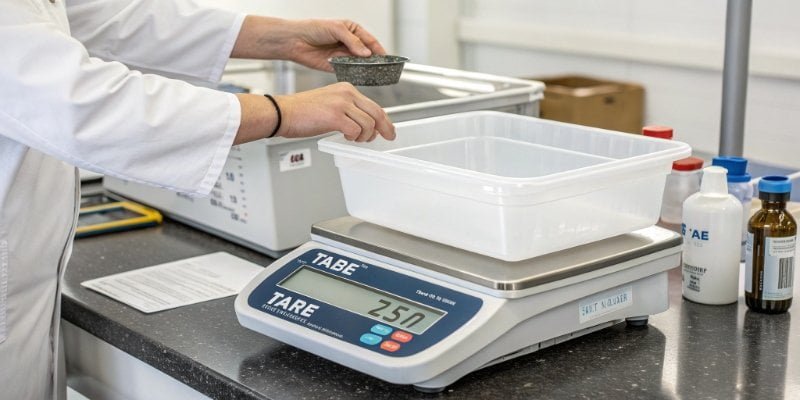 A diagram showing the process of placing a container, taring, and then adding product to get a net weight.