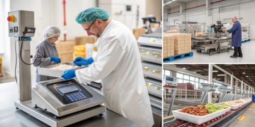 A collage of images showing scales being used in a food processing plant, a pharmaceutical lab, and a logistics warehouse.