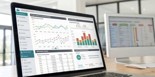 Data Management Dashboard A computer dashboard showing charts and reports from scale house software data.