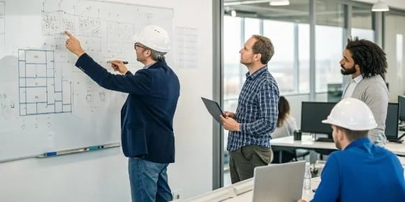 Successful Weighing System Integration Planning Team of engineers planning an integration project on a whiteboard