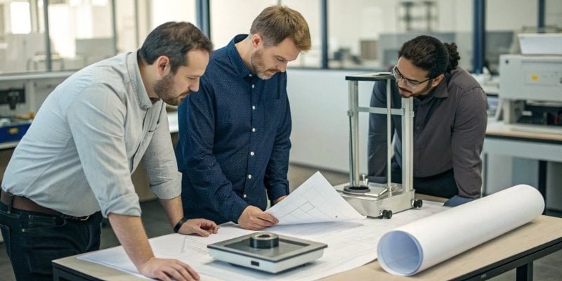 A team of engineers discussing a weighing scale design