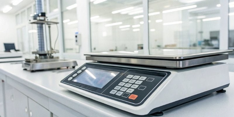A close-up of a high-tech IoT weighing scale displaying data on a screen
